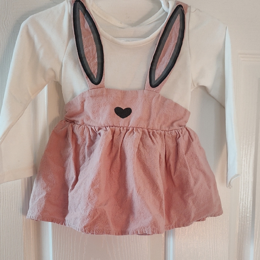 Source Unknown Cream & Dusty Pink Bunny Pinafore Dress